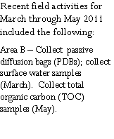 Text Box: Recent field activities for March through May 2011 included the following:Area B – Collect  passive diffusion bags (PDBs); collect surface water samples (March).  Collect total organic carbon (TOC) samples (May).