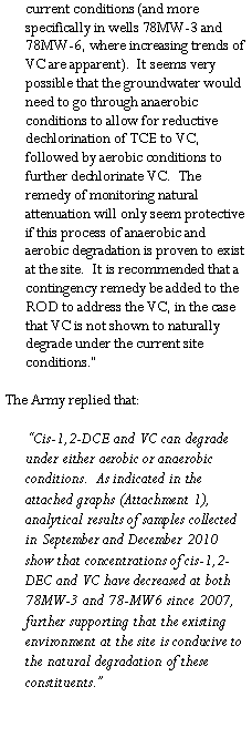 Text Box: current conditions (and more specifically in wells 78MW-3 and 78MW-6, where increasing trends of VC are apparent).  It seems very possible that the groundwater would need to go through anaerobic conditions to allow for reductive dechlorination of TCE to VC, followed by aerobic conditions to further dechlorinate VC.  The remedy of monitoring natural attenuation will only seem protective if this process of anaerobic and aerobic degradation is proven to exist at the site.  It is recommended that a contingency remedy be added to the ROD to address the VC, in the case that VC is not shown to naturally degrade under the current site conditions.�  The Army replied that: �Cis-1,2-DCE and VC can degrade under either aerobic or anaerobic conditions.  As indicated in the attached graphs (Attachment 1), analytical results of samples collected in September and December 2010 show that concentrations of cis-1,2-DEC and VC have decreased at both 78MW-3 and 78-MW6 since 2007, further supporting that the existing environment at the site is conducive to the natural degradation of these constituents.�