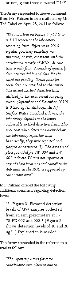 Text Box: or not, given these elevated DLs?�The Army responded to above comment from Mr. Putnam in an e-mail sent by Mr. Ted Gabel on April 28, 2011 as follows: �The notations on Figure 4 (<2 U or <1 U) represent the laboratory reporting limit. Effective in 2010 regular quarterly sampling was initiated, at risk, consistent with the anticipated remedy of MNA. At this time results from 2 rounds of quarterly data are available and data for the third are pending. Trend plots forthese data are attached to this email. The actual method detection limit utilized for the most recent sampling events (September and December 2010) is 0.250 ug/L. Although the NJ Surface Water Standard is lower, the laboratory defaults to the lowest achievable method detection limit. Also note that when detections occur below the laboratory reporting limit historically, they were reported andflagged as estimated (J). The data trend plots provided for SW-004 and SW-005 indicate VC was not reported at any of these locations and therefore the statement in the ROD is supported by the current data�.Mr. Putnam offered the following additional comment regarding detection levels:�2. Figure 3: Elevated detection levels of GW samples collected from stream piezometers at P-78-PZ-002 and 003 * (Figure 2 shows detection levels of 10 and 20 ug/l ) Explanation is needed,�The Army responded in the referred to e-mail as follows: �The reporting limits for some constituents were elevated due to