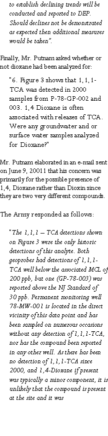 Text Box: to establish declining trends will be conducted and reported to DEP. Should declines not be demonstrated as expected then additional measures would be taken�.Finally, Mr. Putnam asked whether or not dioxane had been analyzed for:�6. Figure 3 shows that 1,1,1-TCA was detected in 2000 samples from P-78-GP-002 and 003. 1,4 Dioxane is often associated with releases of TCA. Were any groundwater and or surface water samples analyzed for Dioxane?�Mr. Putnam elaborated in an e-mail sent on June 9, 20011 that his concern was primarily for the possible presence of  1,4, Dioxane rather than Dioxin since they are two very different compounds.  The Army responded as follows:�The 1,1,1 � TCA detections shown on Figure 3 were the only historic detections of this analyte. Both geoprobes had detections of 1,1,1-TCA well below the associated MCL of 200 ppb, but one (GP-78-003) was reported above the NJ Standard of 30 ppb. Permanent monitoring well 78-MW-001 is located in the direct vicinity of this data point and has been sampled on numerous occasionswithout any detection of 1,1,1-TCA, nor has the compound been reported in any other well. As there has been no detection of 1,1,1-TCA since 2000, and 1,4-Dioxane if present was typically a minor component, it is unlikely that the compound is present at the site and it was