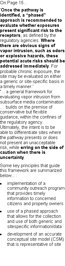 Text Box: On Page 15...�Once the pathway is identified, a �phased� approach is recommended to evaluate whether exposures present significant risk to the receptors, as defined by the regulatory agencies. Where there are obvious signs of vapor intrusion, such as odors or explosive hazards, these potential acute risks should be addressed immediately. For probable chronic exposure, the site may be evaluated on either a generic or site-specific basis in a timely manner.���a general framework for evaluating vapor intrusion from subsurface media contamination � builds on the premise of conservative but flexible guidance, within the confines of the regulatory agency. Ultimately, the intent is to be able to differentiate sites where the pathway presents or does not present an unacceptable risk, while erring on the side of caution when there is uncertainty.Some key principles that guide this framework are summarized below�:implementation of a community outreach program that provides timely information to concerned citizens and property ownersuse of a phased approach that allows for the collection and use of both generic and sitespecific information/datadevelopment of an accurate conceptual site model (CSM) that is representative of site