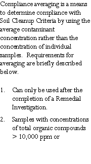Text Box: Compliance averaging is a means to determine compliance with Soil Cleanup Criteria by using the average contaminant concentration rather than the concentration of individual samples.  Requirements for averaging are briefly described below.Can only be used after the completion of a Remedial Investigation.Samples with concentrations of total organic compounds > 10,000 ppm or 