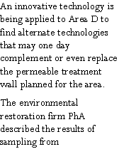 Text Box: An innovative technology is being applied to Area D to find alternate technologies that may one day complement or even replace the permeable treatment wall planned for the area.The environmental restoration firm PhA described the results of sampling from