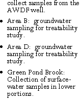 Text Box: collect samples from the AWDF well.Area B:  groundwater sampling for treatability study.Area D:  groundwater sampling for treatability study.Green Pond Brook:  Collection of surface-water samples in lower portions.