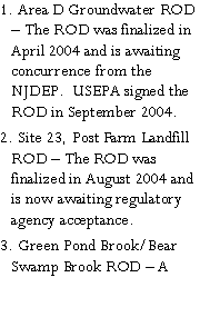 Text Box: 1. Area D Groundwater ROD  The ROD was finalized in April 2004 and is awaiting concurrence from the NJDEP.  USEPA signed the ROD in September 2004.2. Site 23, Post Farm Landfill ROD  The ROD was finalized in August 2004 and is now awaiting regulatory agency acceptance.3. Green Pond Brook/Bear Swamp Brook ROD  A 