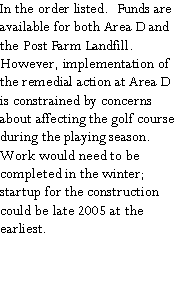 Text Box: In the order listed.  Funds are available for both Area D and the Post Farm Landfill.  However, implementation of the remedial action at Area D is constrained by concerns about affecting the golf course during the playing season.  Work would need to be completed in the winter; startup for the construction could be late 2005 at the earliest.   