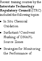 Text Box: Recent  training courses by the Interstate Technology Regulatory Council (ITRC)  included the following topics:In Situ Chemical OxidationSurfactant/Cosolvent Flushing of DNAPL Source ZonesStrategies for Monitoring the Performance of 