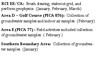 Text Box: RCI EE/CA:  Brush clearing, stakeout grid, and perform geophysics. (January, February, March)Area D � Golf Course (PICA 076):  Collection of groundwater samples and indoor air samples. (February)Area E (PICA 77) : Field activities included collection of groundwater samples. ( February )Southern Boundary Area:  Collection of groundwater samples. (January)